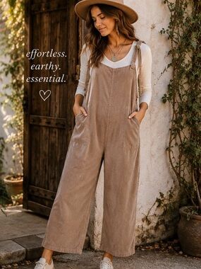Fantastic Fawn Jumpsuit Overalls Taupe Wide-Leg Corduroy Size L Comfy Soft